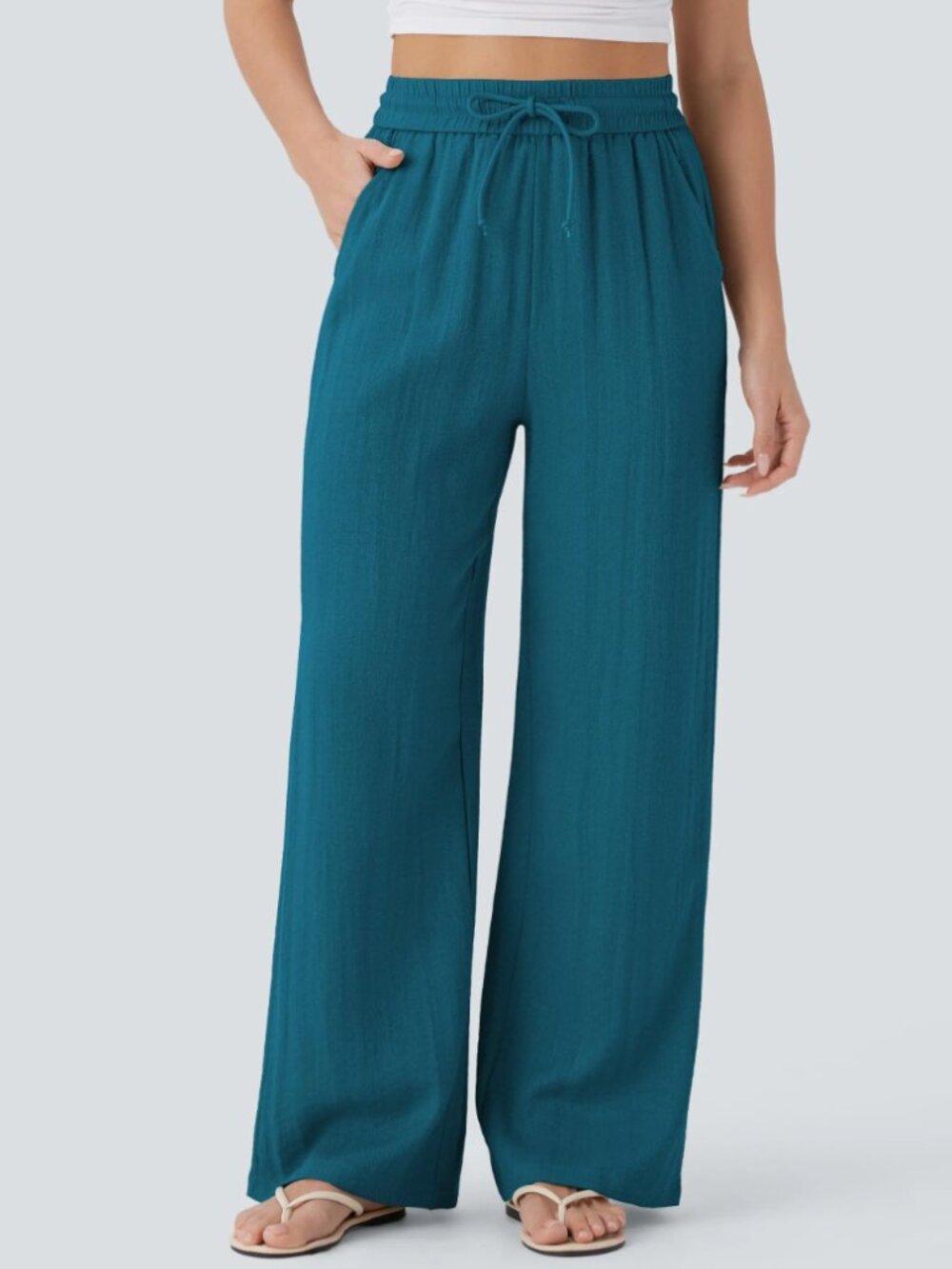 NWT Halara High Waisted Wide Leg Baggy Linen-Feel Pants Teal Small Extall